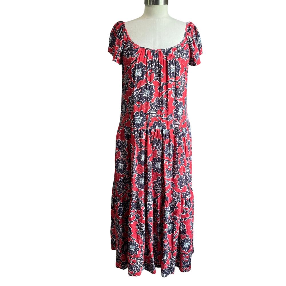Knox Rose Red White Blue Floral Tiered Midi Dress Boho Cottagecore Size S